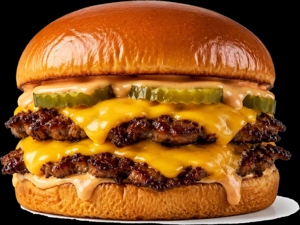 Yachty's double smash burger with melted cheese, pickles and burger sauce